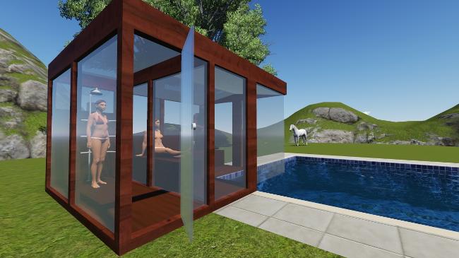 sauna de madeira e vidro piscina